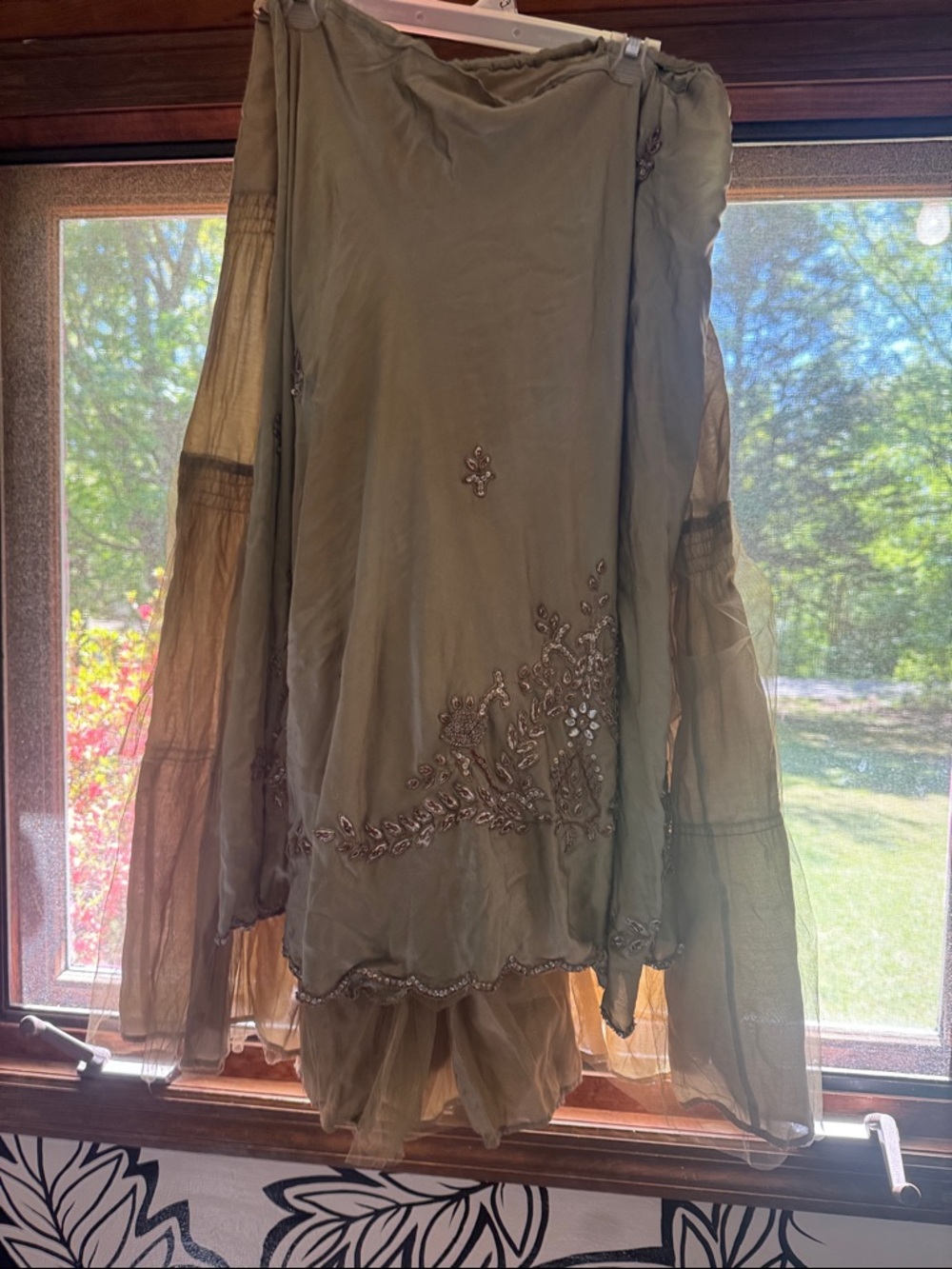 Elegant Beaded Embroidered Satin Slip Skirt in light green